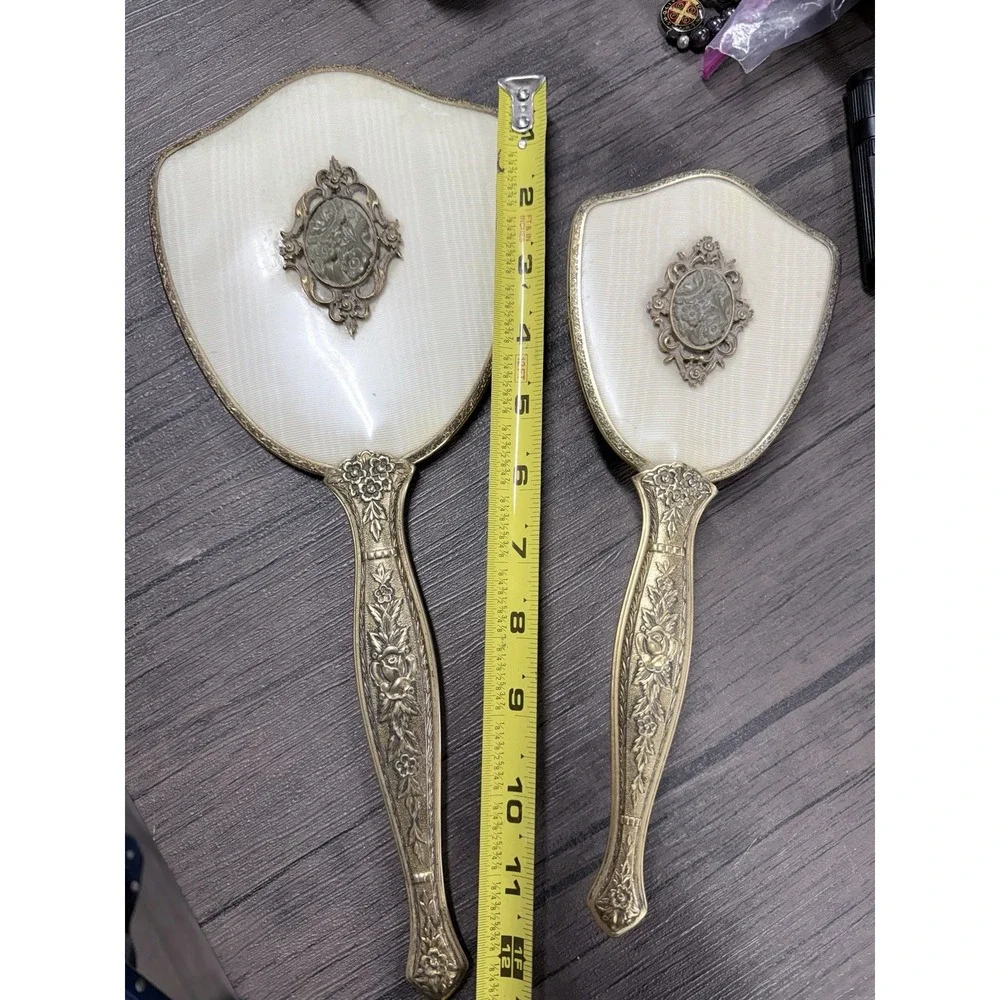 Hollywood Regency Vtg 2pc Vanity Set Ornate Floral Cameo 24k Gold Plate USA